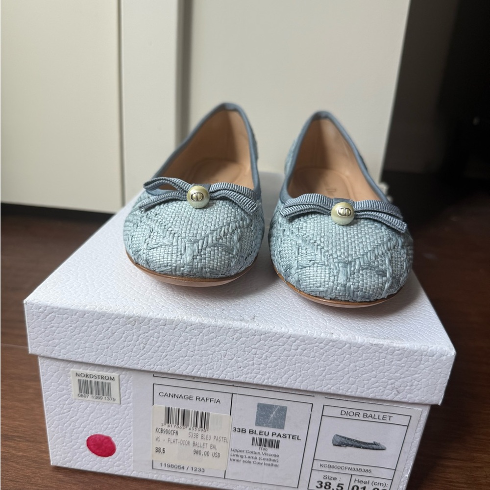 Dior Bleu Pastel Raffia Ballet Flats with Bow Size 8